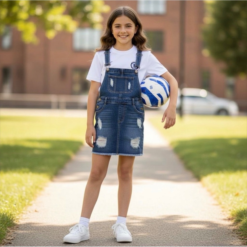 Chelsea Football Club Kids Denim Overalls Dress‎ Blue Distressed Size L